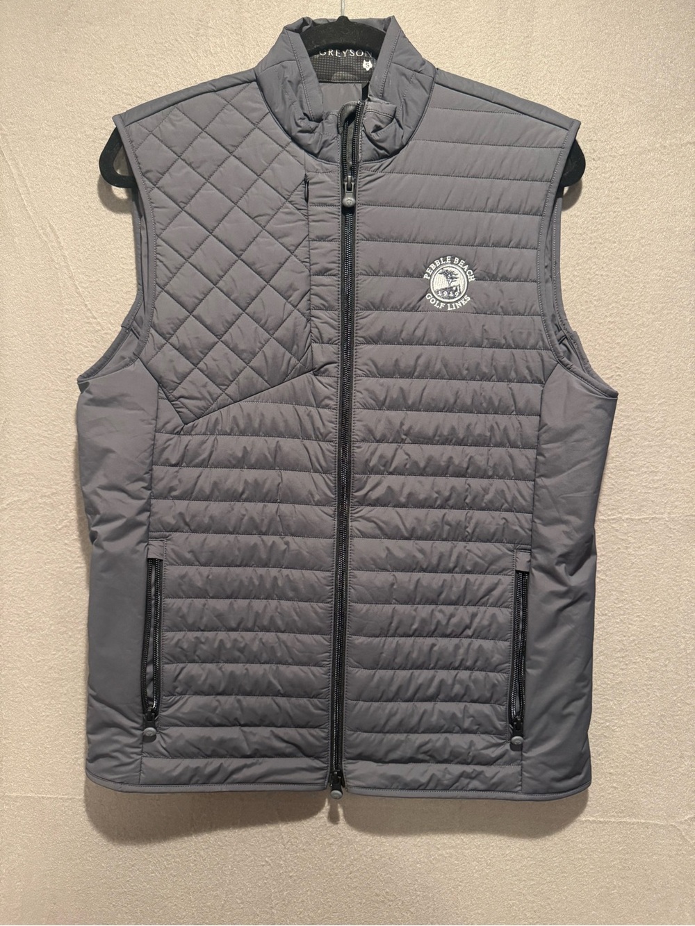 Greyson Yukon Ultralight Hybrid Quilted Gray Vest with Pebble Beach Logo